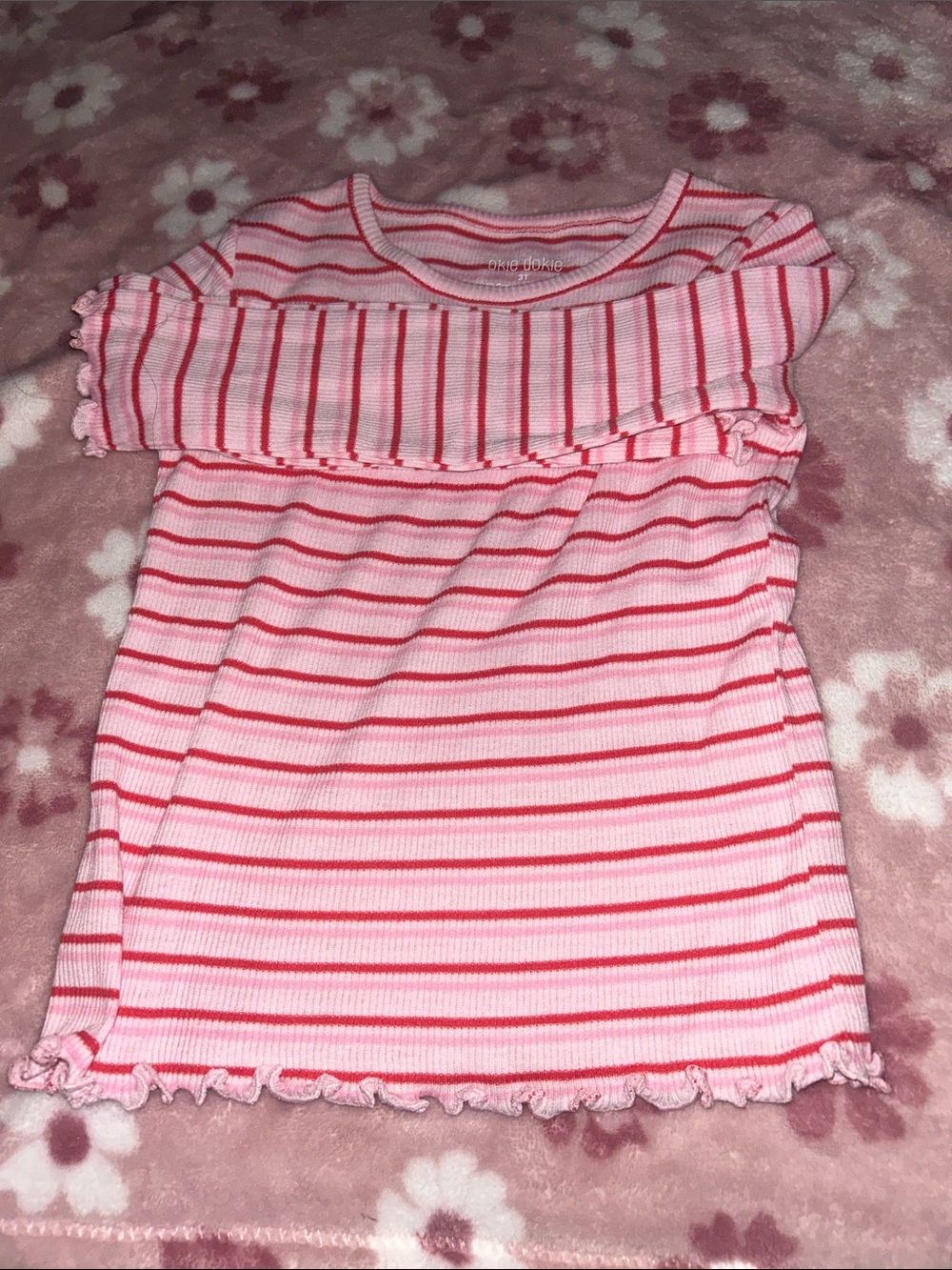 okie dokie Pink Striped Short Sleeve Ruffle Tee